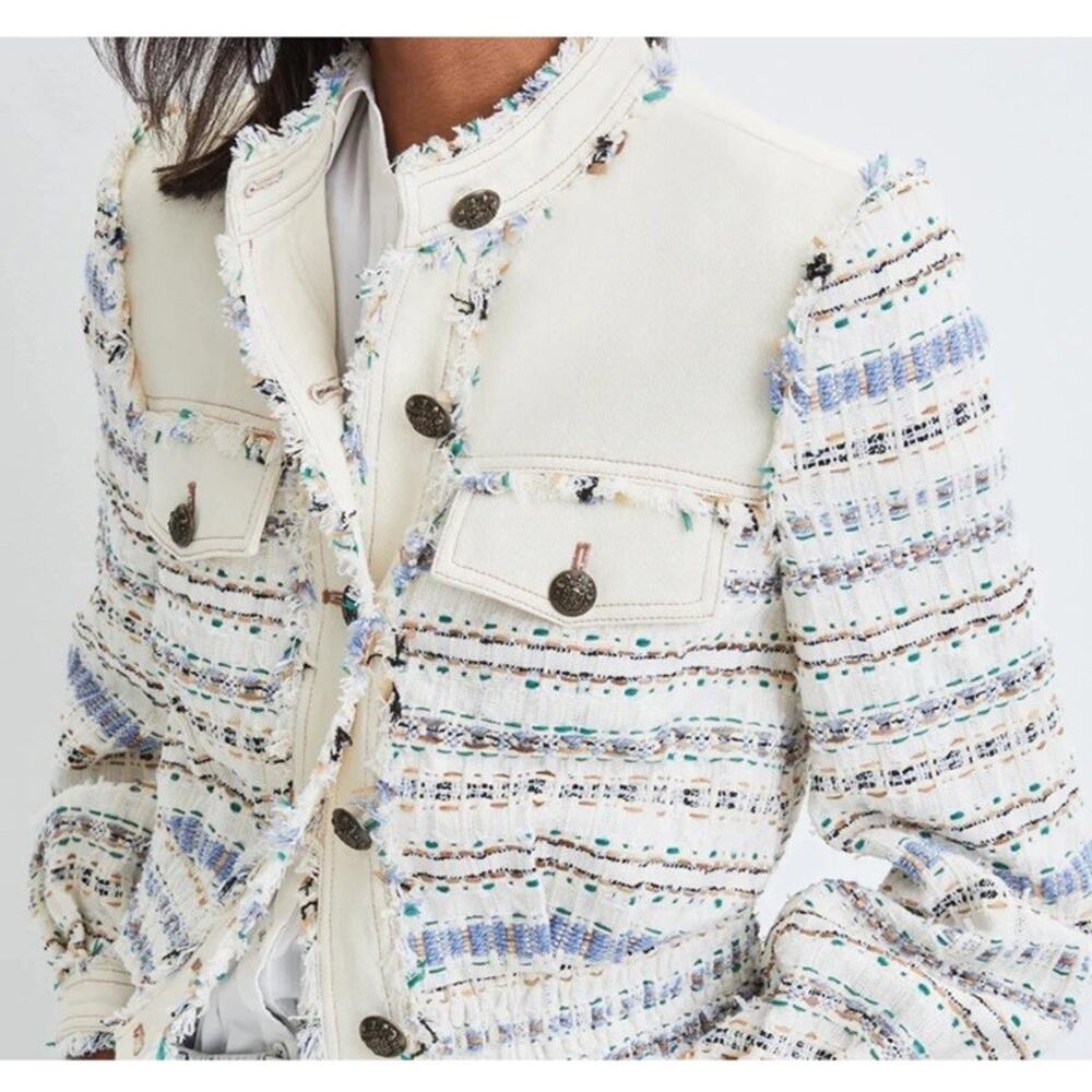 Veronica Beard Darren Tweed Jacket Ecru Multi Fringe Crop Jacket US 12 - Picture 3 of 14